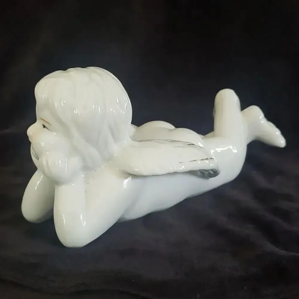 Adorable Vintage Porcelain Angel Lying on Stomach Leaning Chin on Hands 7.5